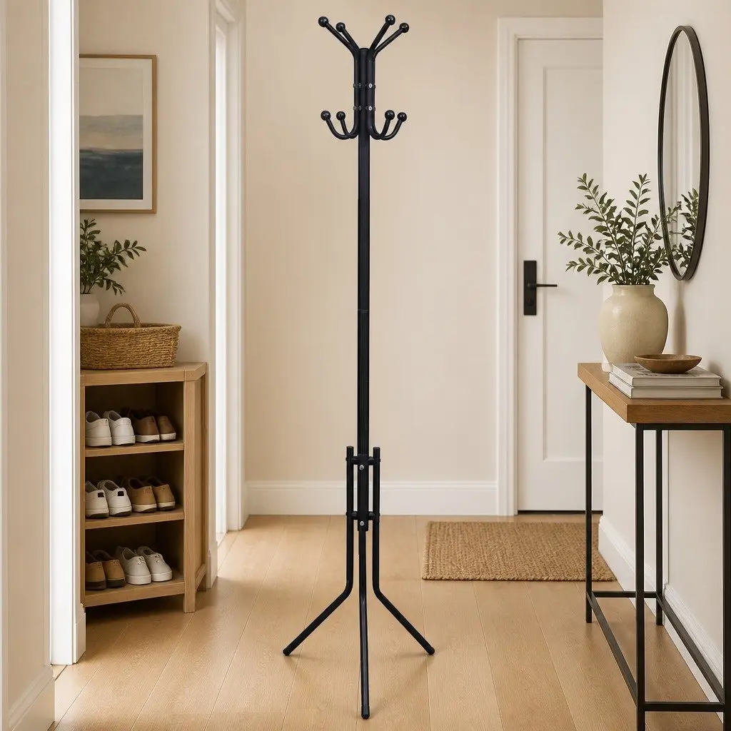 Metal Coat Stand Black Triangular Legs Ball Hooks