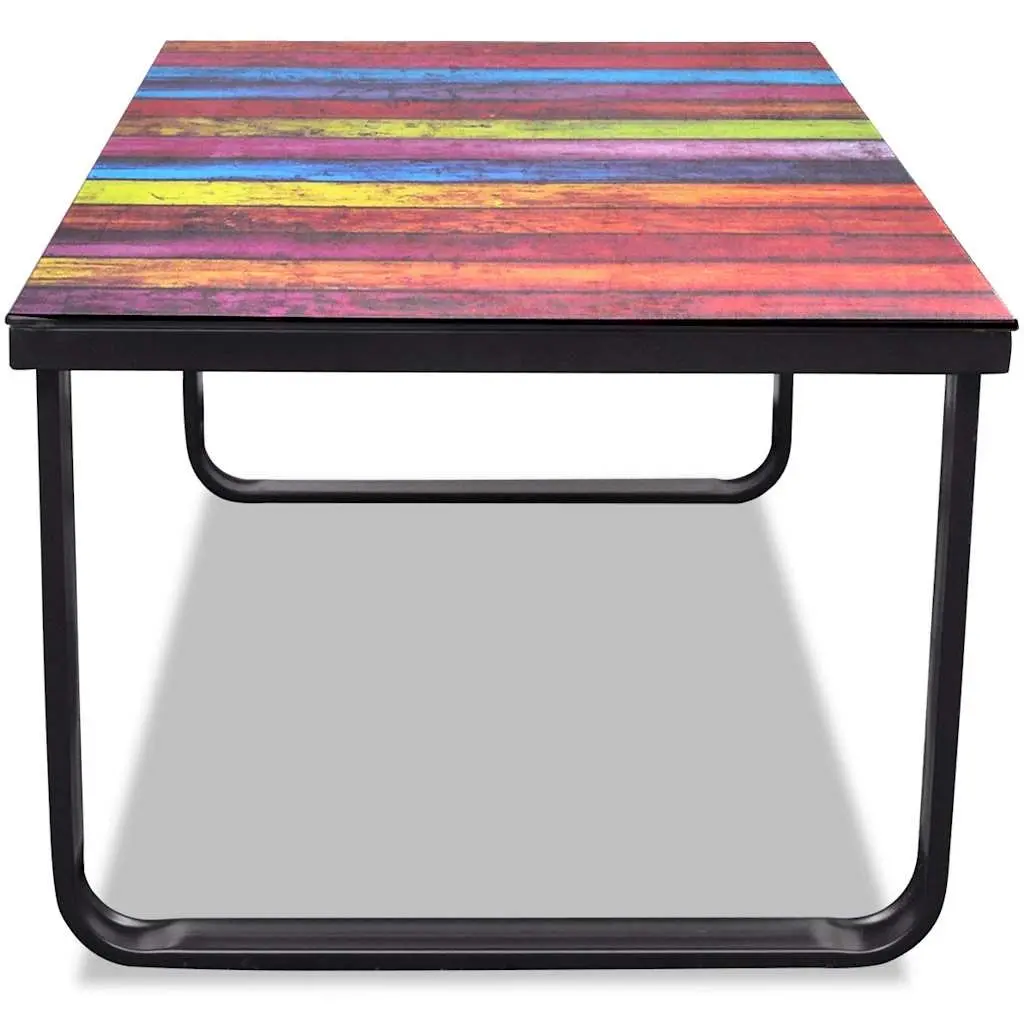Coffee Table Rectangular Modern Glass Top Rainbow Print Design Side Table