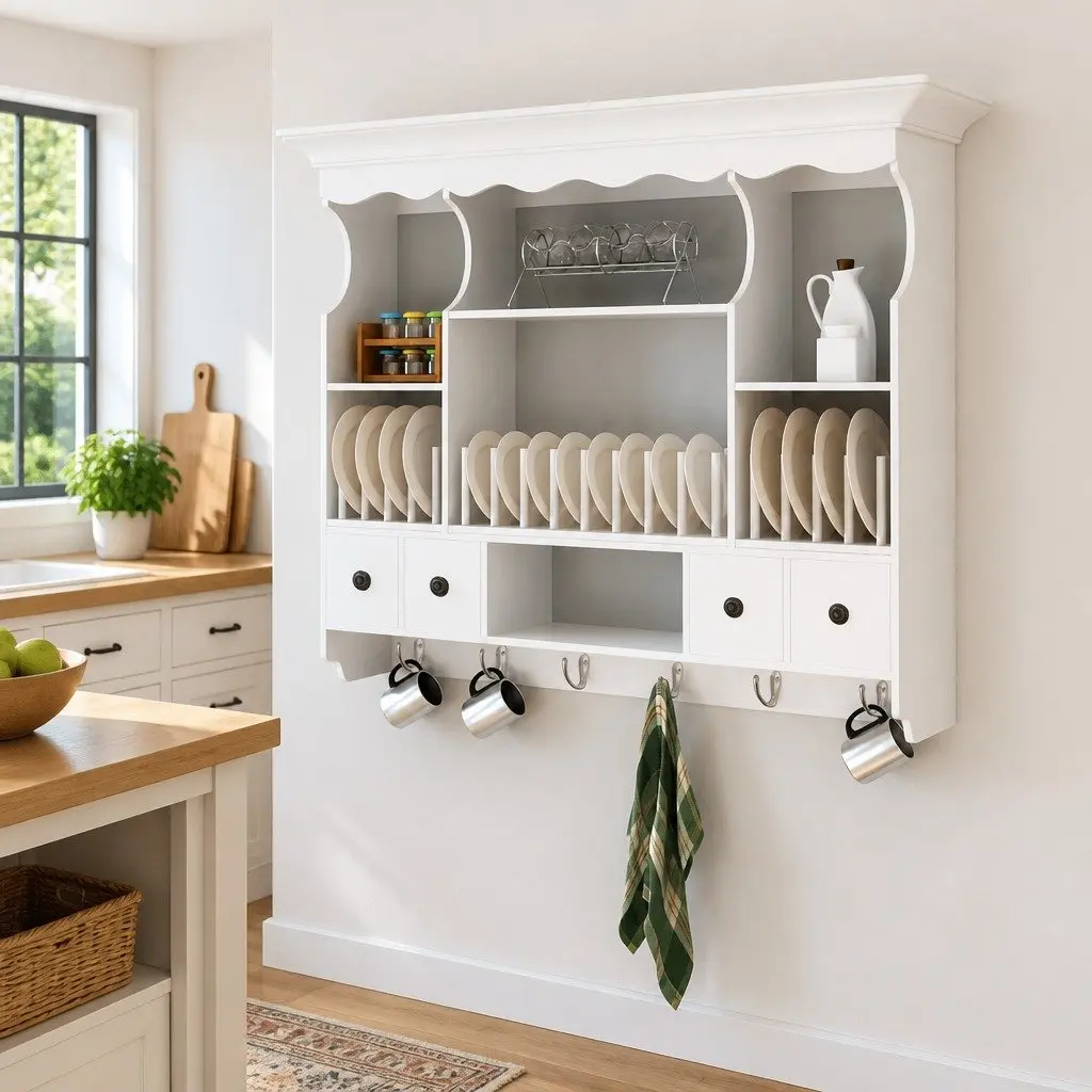 Wooden Kitchen Wall Cabinet White Antique Look 4 Drawers 4 Shelves Hooks