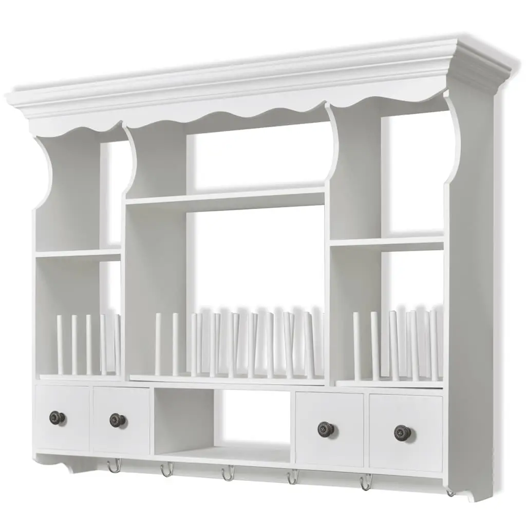 Wooden Kitchen Wall Cabinet White Antique Look 4 Drawers 4 Shelves Hooks