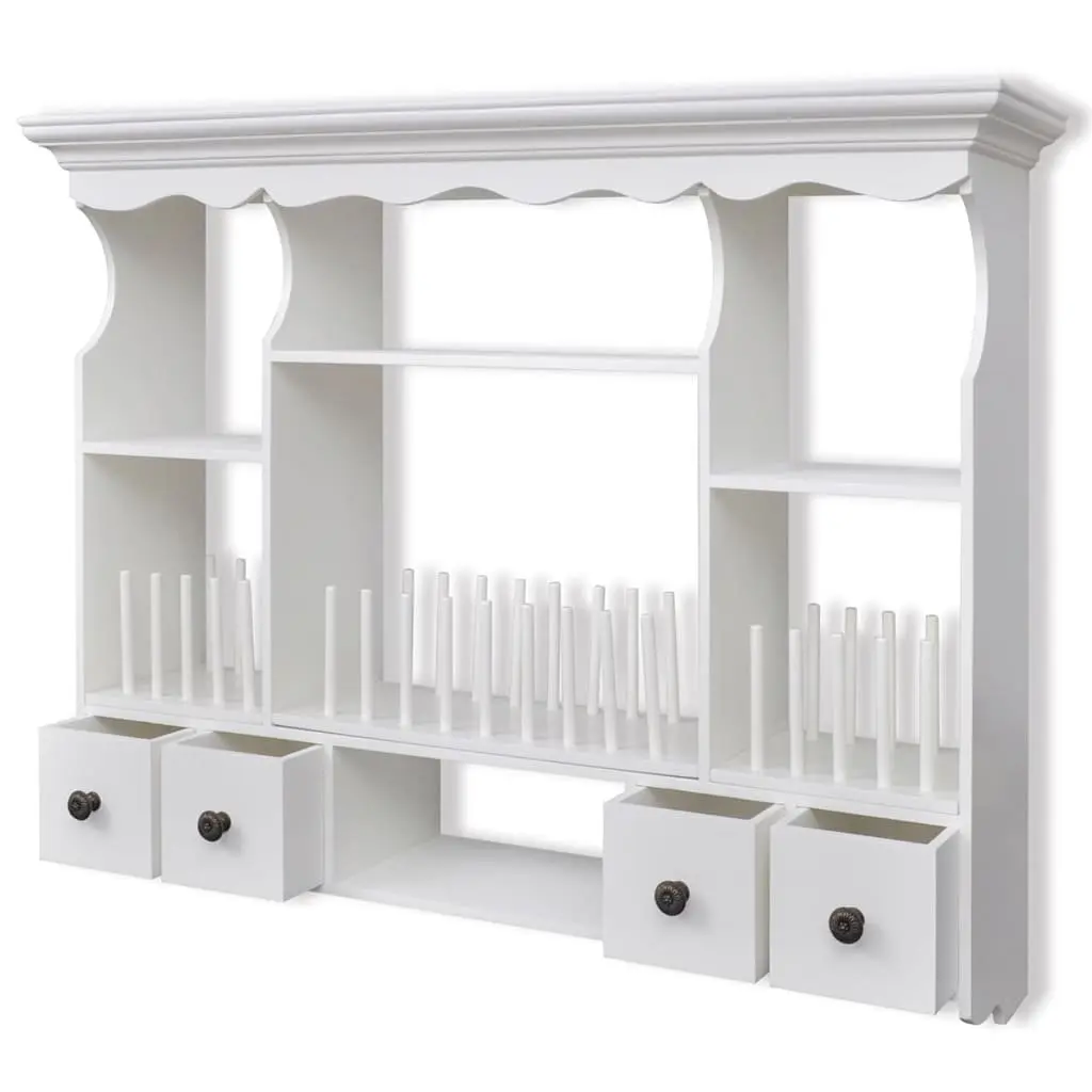 Wooden Kitchen Wall Cabinet White Antique Look 4 Drawers 4 Shelves Hooks