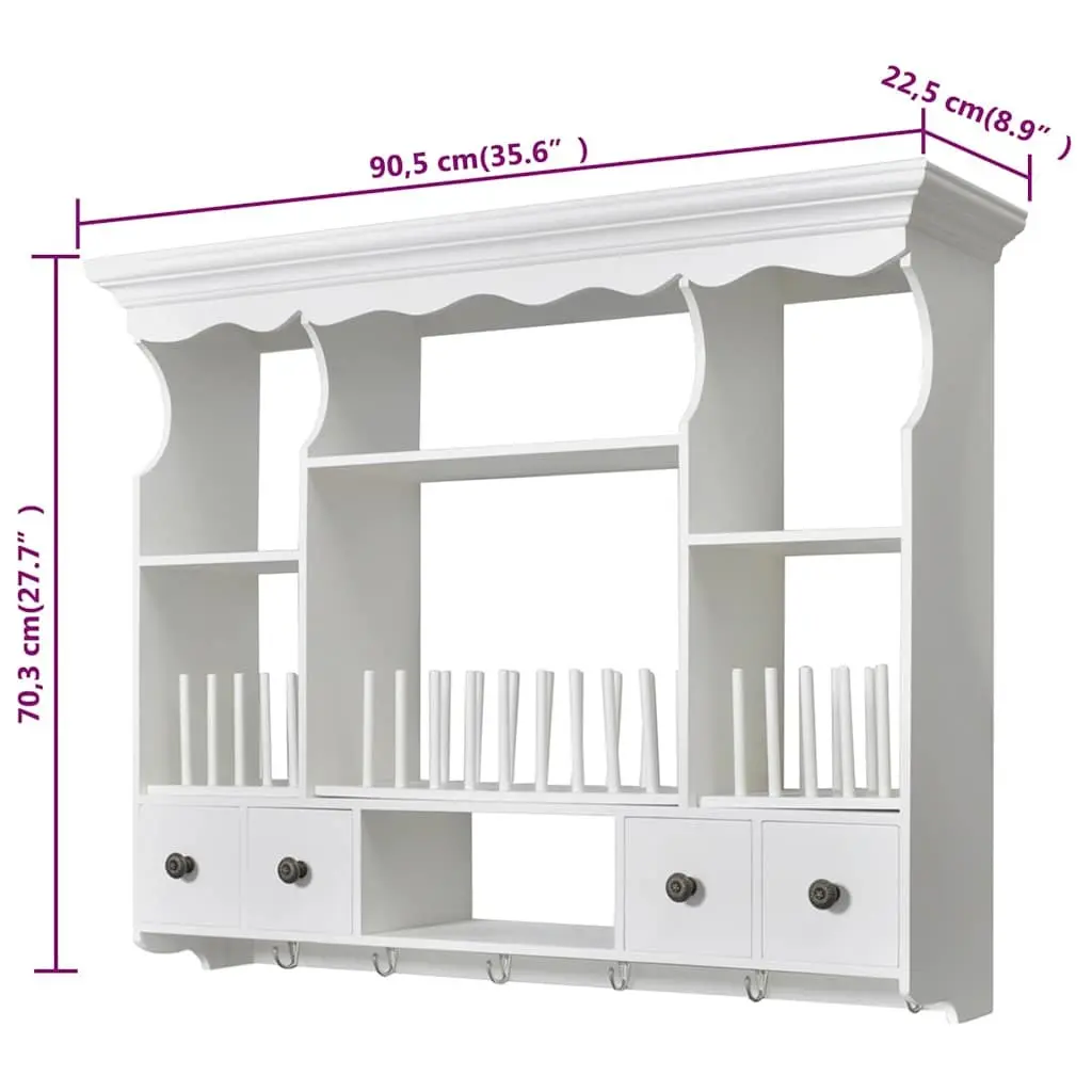 Wooden Kitchen Wall Cabinet White Antique Look 4 Drawers 4 Shelves Hooks