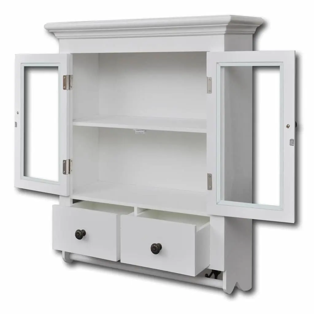 Wooden Kitchen Wall Cabinet White 2 Glass Doors 2 Drawers 2 Shelves Hooks