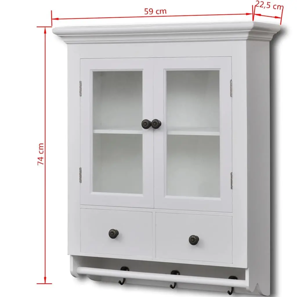 Wooden Kitchen Wall Cabinet White 2 Glass Doors 2 Drawers 2 Shelves Hooks