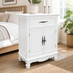 Compact White Wooden Cabinet with 2 Doors and 1 Drawer