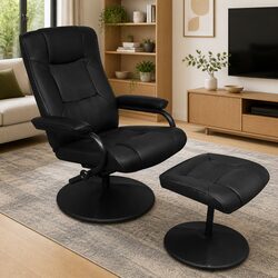 Black Faux Leather Armchair and Footstool Set with Reclining Feature