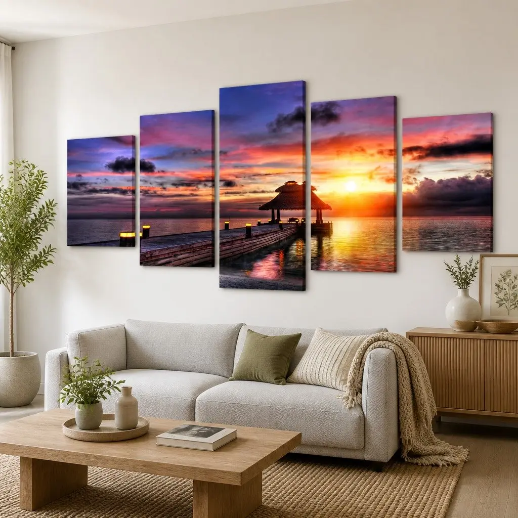 Canvas Wall Print Set Multicolour 200 x 100cm Beach Pavilion Tropical Theme