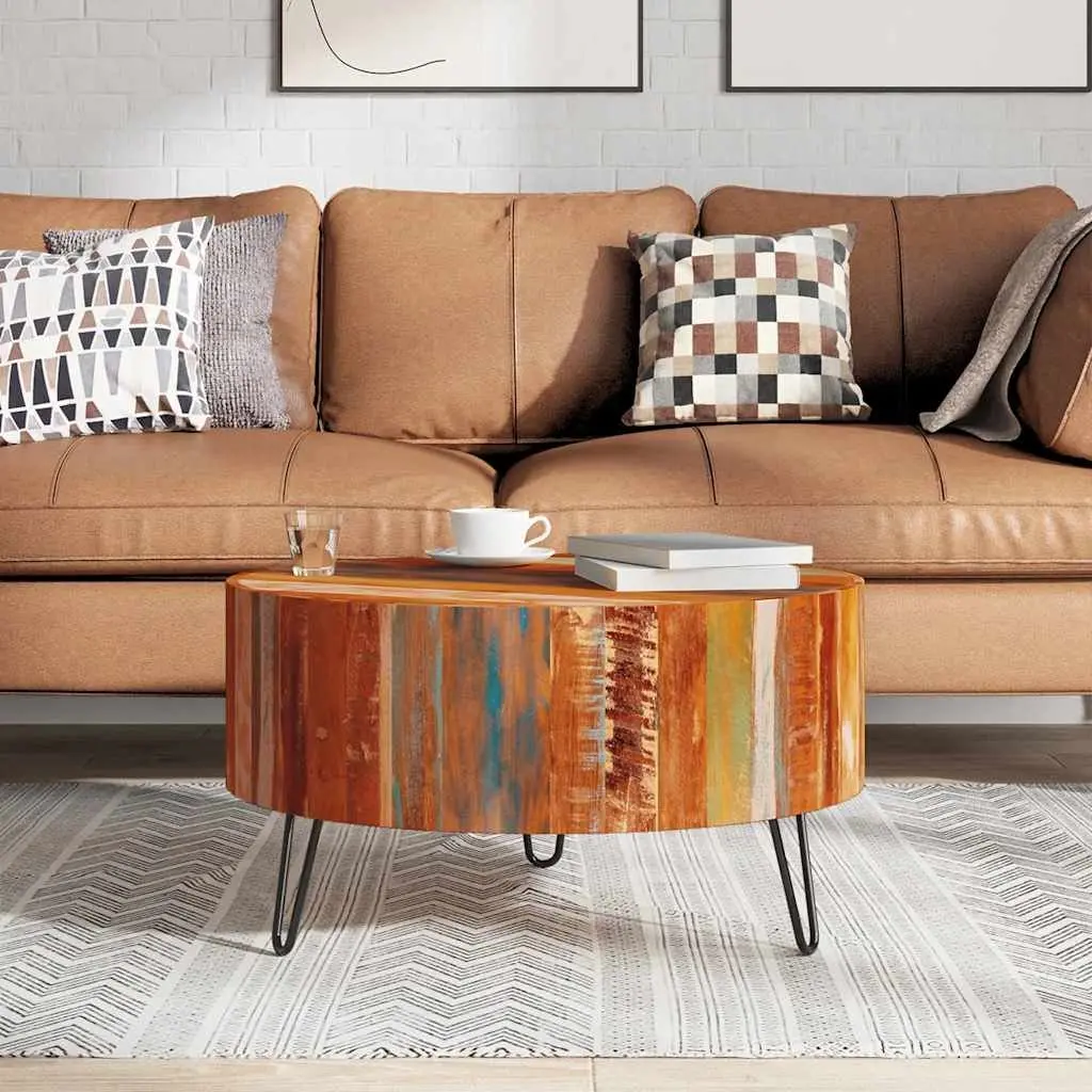 Round Brown Solid Reclaimed Wood Coffee Table Vintage Handmade Antique Style