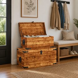 Storage Chest Set 2 Pieces Wooden Handmade Home Organization Furniture Brown