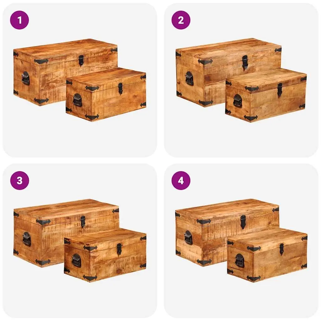 Storage Chest Set 2 Pieces Brown Handmade Wooden Home Organization Furniture
