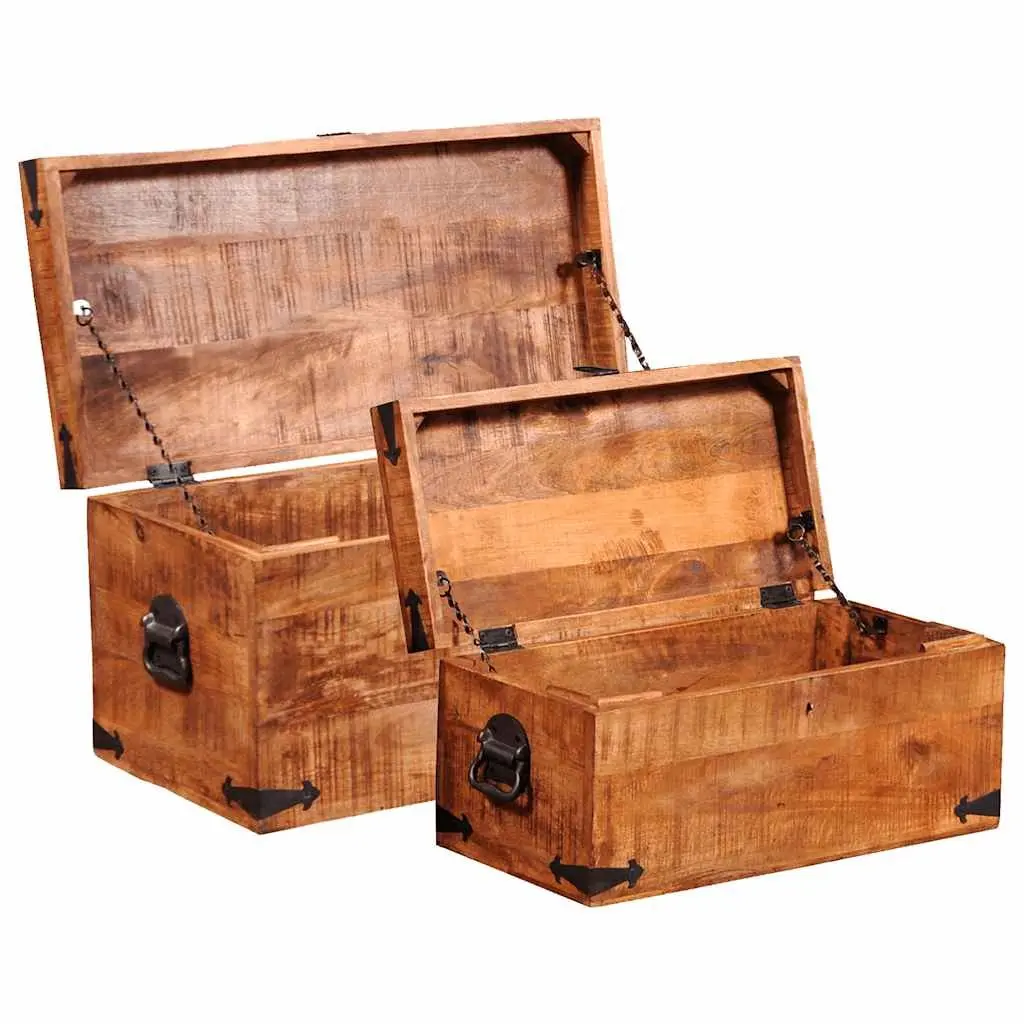 Storage Chest Set 2 Pieces Brown Handmade Wooden Home Organization Furniture