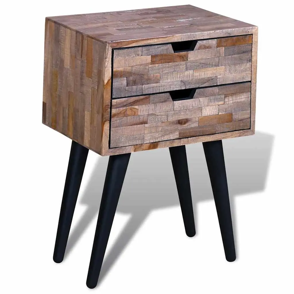 Bedside Table with 2 Storage Drawers Reclaimed Wood Nightstand Brown Vintage