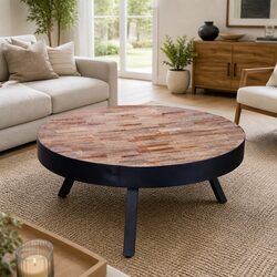 Round Reclaimed Wood Coffee Table Black Accent Living Room Furniture