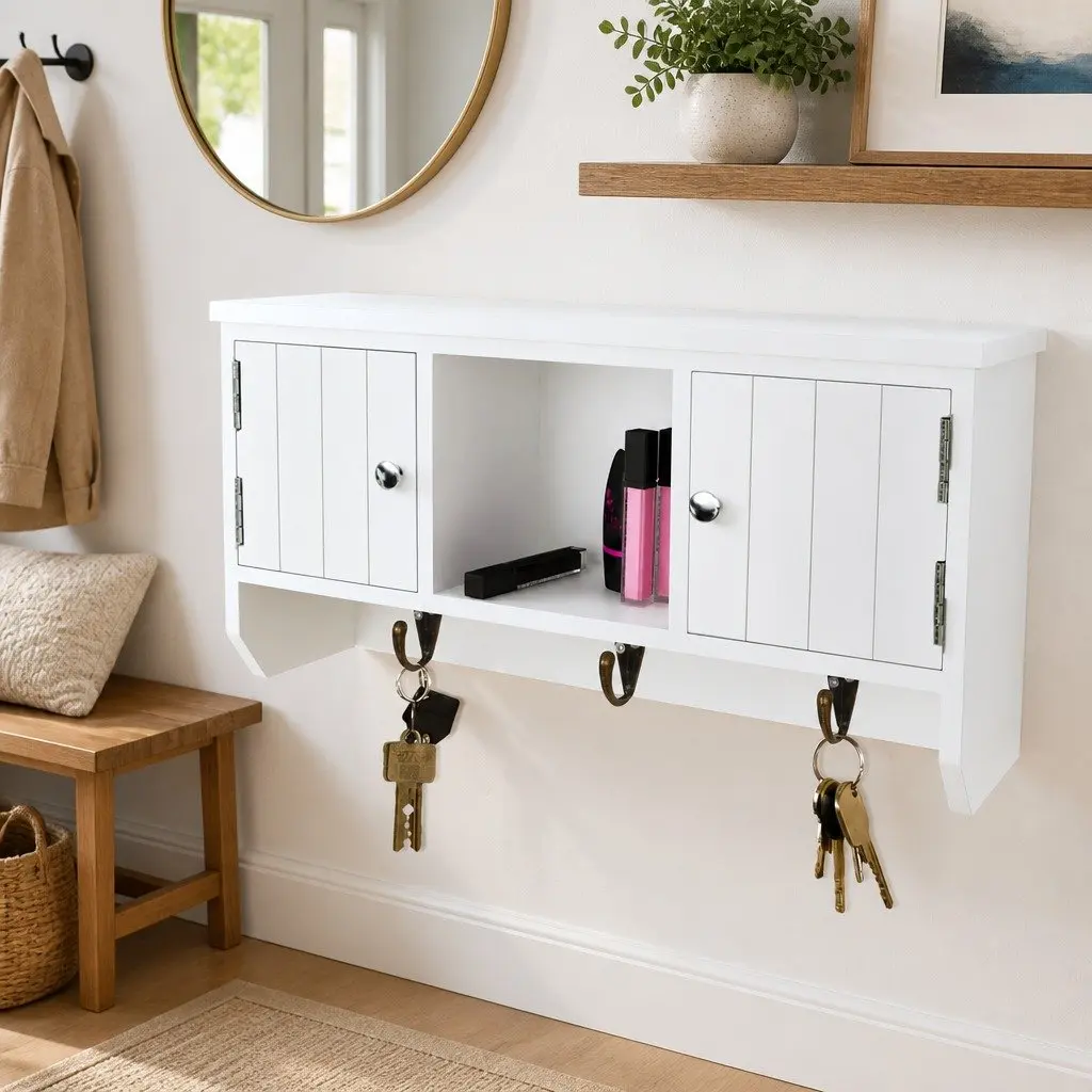 Wall Cabinet White MDF 3 Hooks 2 Door Compartments 1 Middle Shelf
