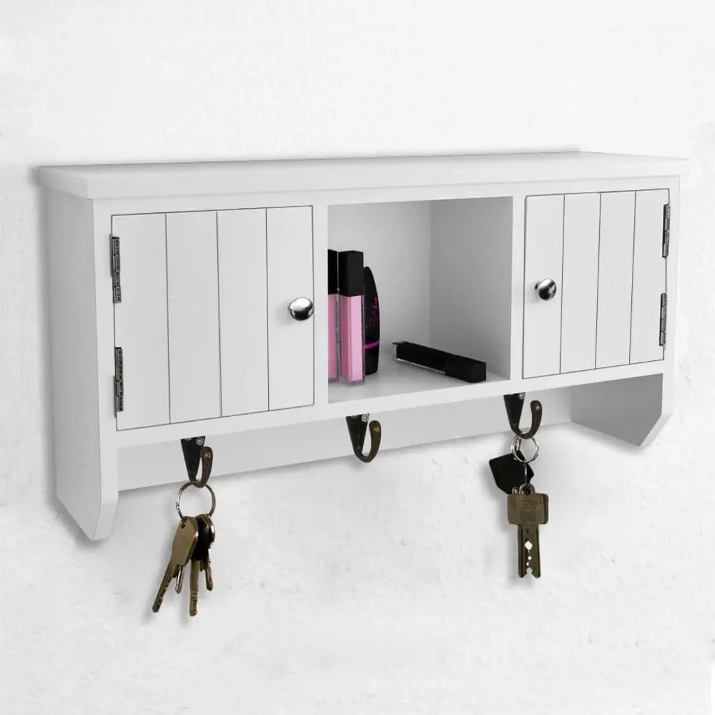 Wall Cabinet White MDF 3 Hooks 2 Door Compartments 1 Middle Shelf