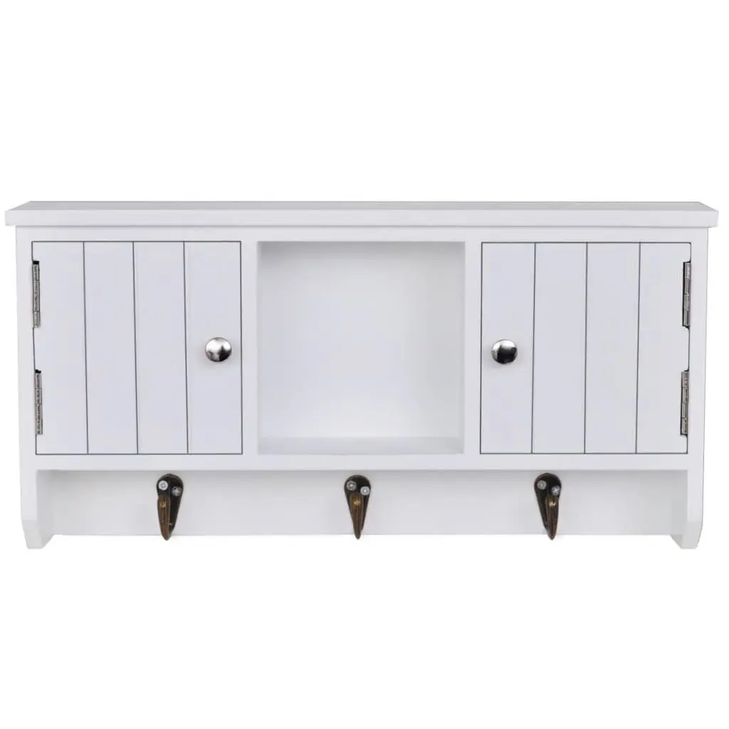 Wall Cabinet White MDF 3 Hooks 2 Door Compartments 1 Middle Shelf
