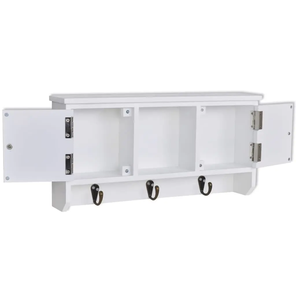 Wall Cabinet White MDF 3 Hooks 2 Door Compartments 1 Middle Shelf
