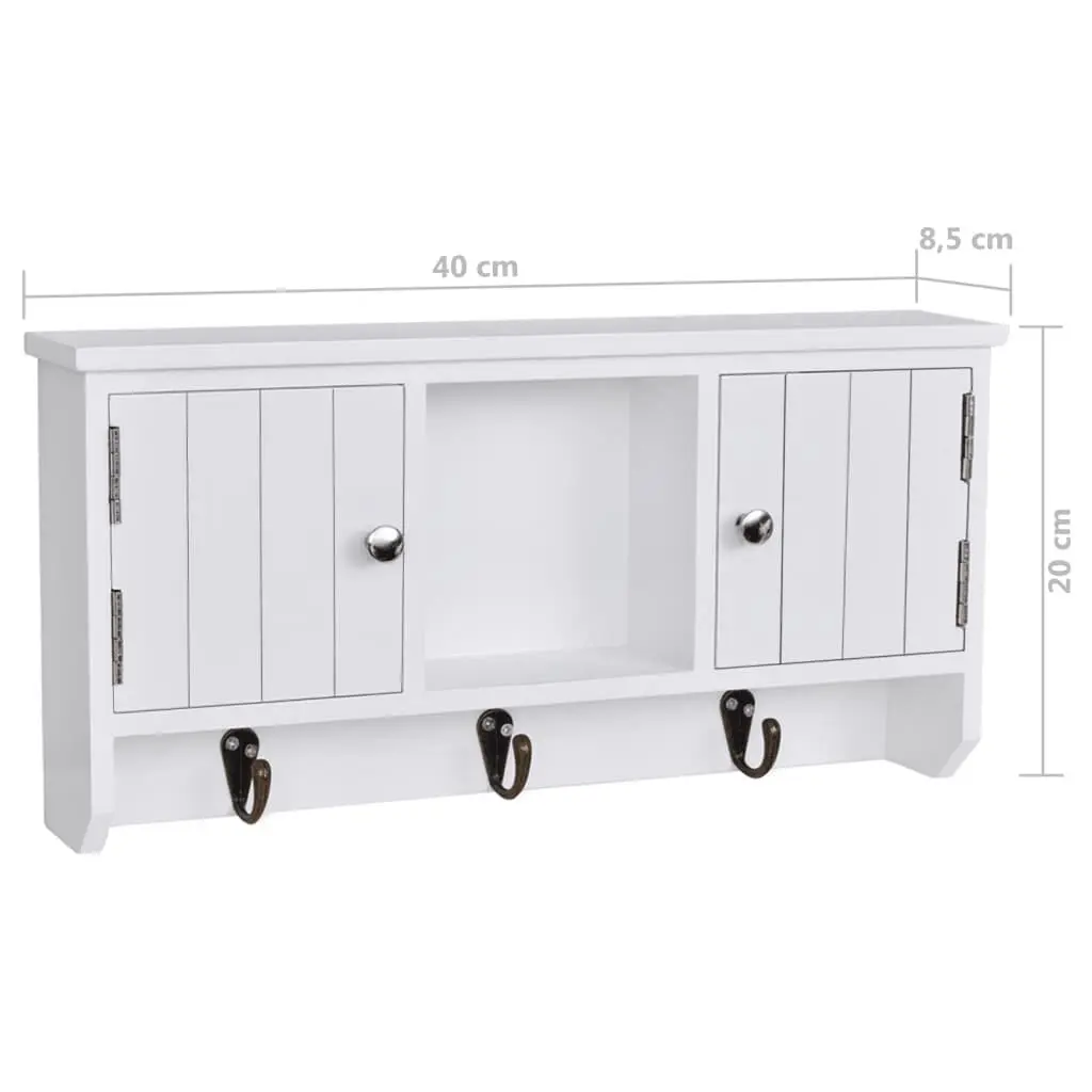 Wall Cabinet White MDF 3 Hooks 2 Door Compartments 1 Middle Shelf