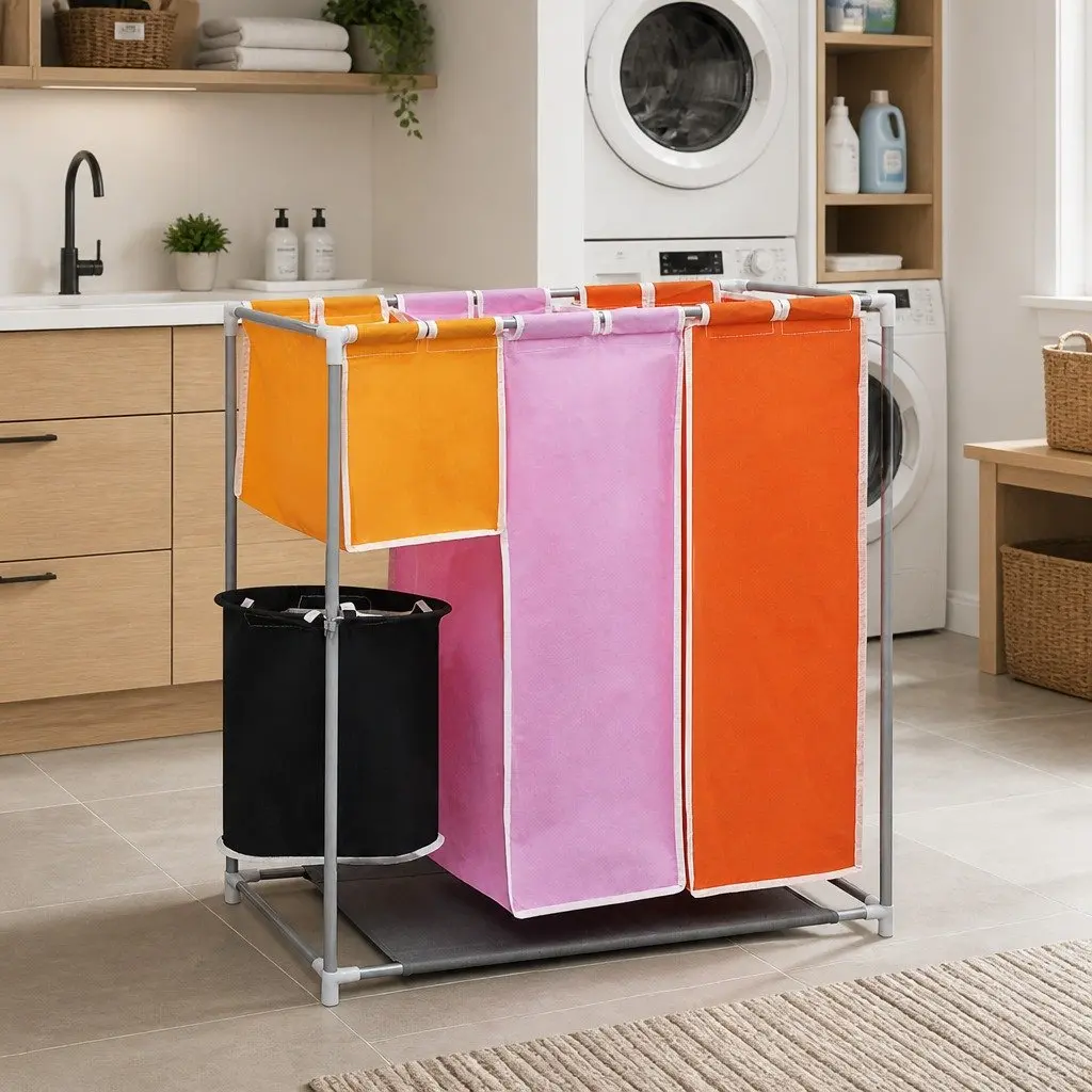 3-Section Laundry Sorter Hamper Multicolour Removable Bags Durable Iron Frame