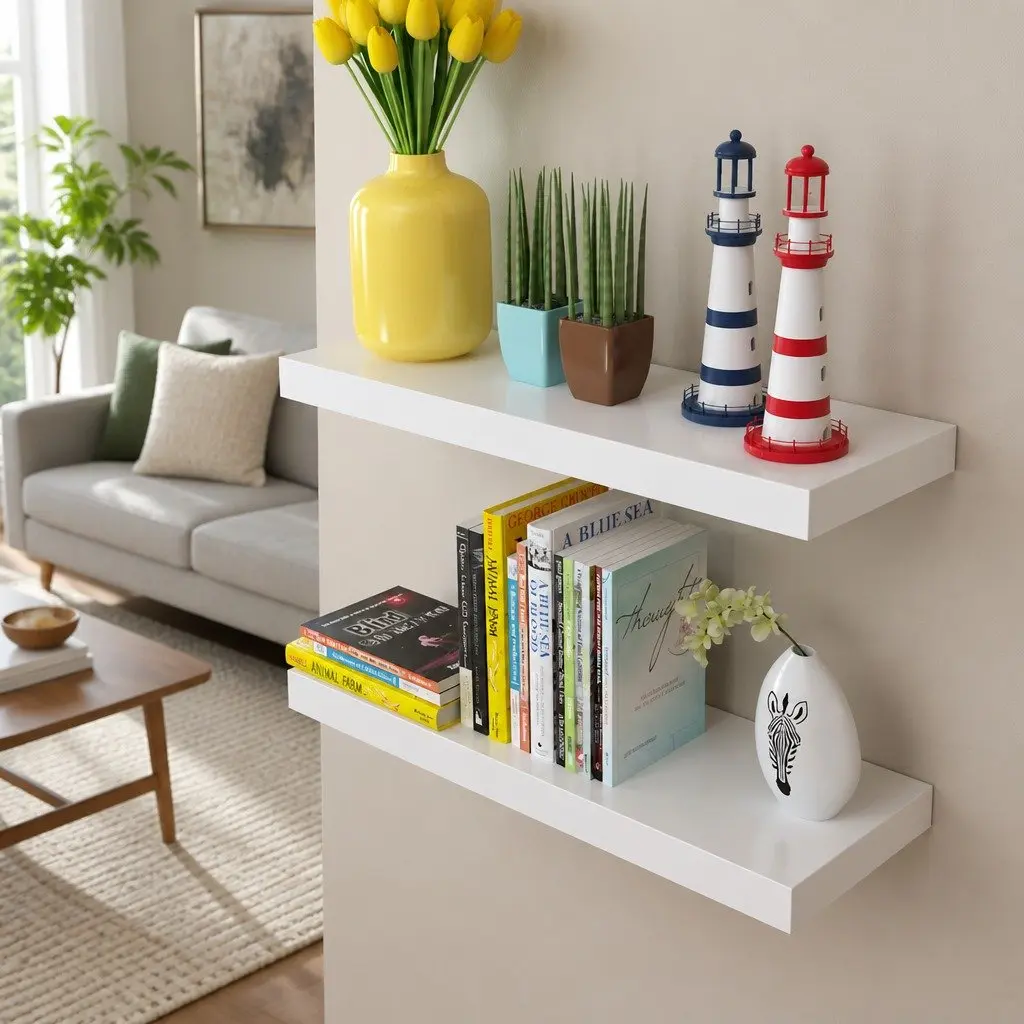 Floating Shelves White Set of 2 Invisible Mounting System Book Storage Home Decor