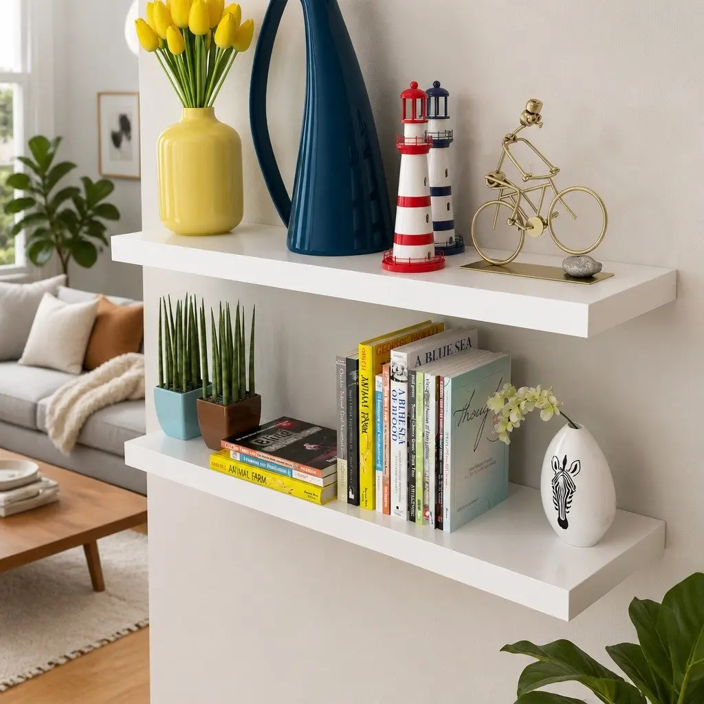 Floating Wall Display Shelves White Set of 2 MDF Invisible Mounting System Contemporary Aesthetic