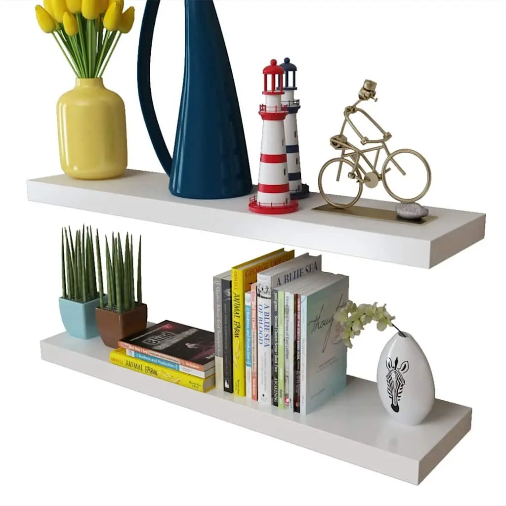 Floating Wall Display Shelves White Set of 2 MDF Invisible Mounting System Contemporary Aesthetic