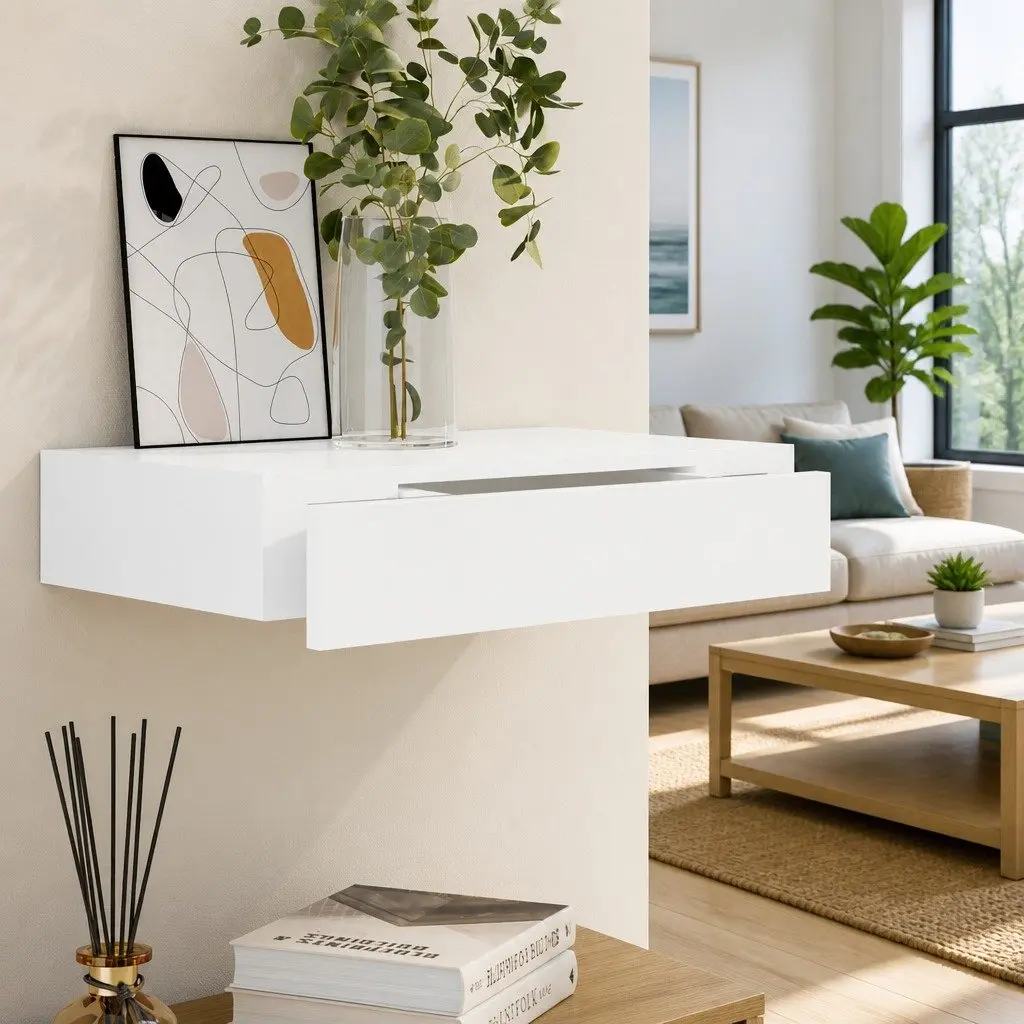 Floating Wall Shelf White with Drawer Easy Installation