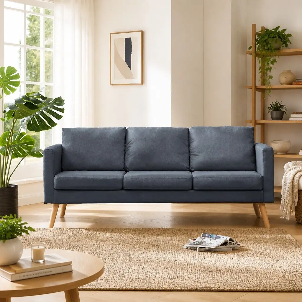 Grey Fabric 3-Seater Couch Thick Cushions Removable Covers Wide Seating Area Wooden Frame
