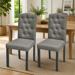 Dining Chairs Set of 2 Grey Upholstered Kitchen Seating with Wooden Legs