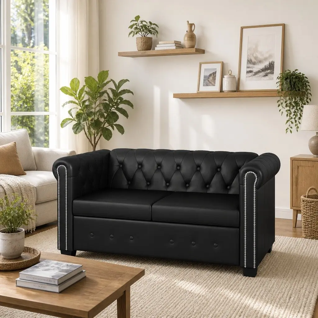 2-Seater Sofa Black Chesterfield Tufted Studded Curved Arms Artificial Leather