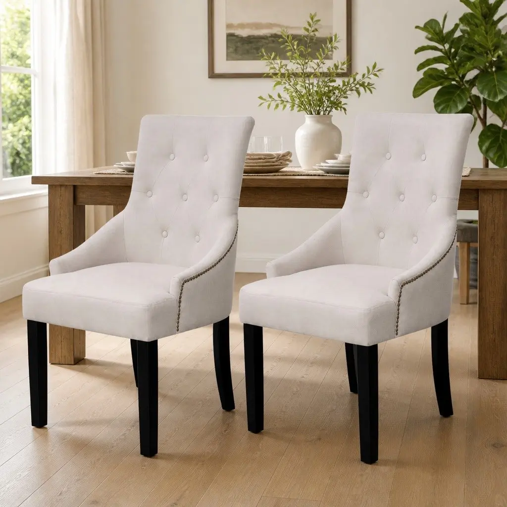 Dining Chairs Cream Fabric 2 Piece Armrests Padded Seat Backrest