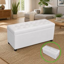 Storage Ottoman White Artificial Leather Bench Seat with Hidden Compartment