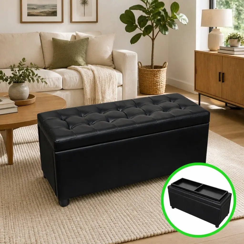 Storage Ottoman Black Faux Leather Extra Seating Coffee Table