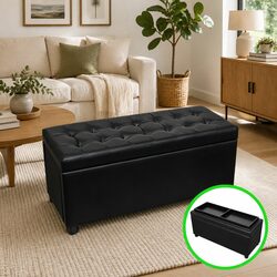 Storage Ottoman with Hidden Compartment Black Footrest Seating Bench