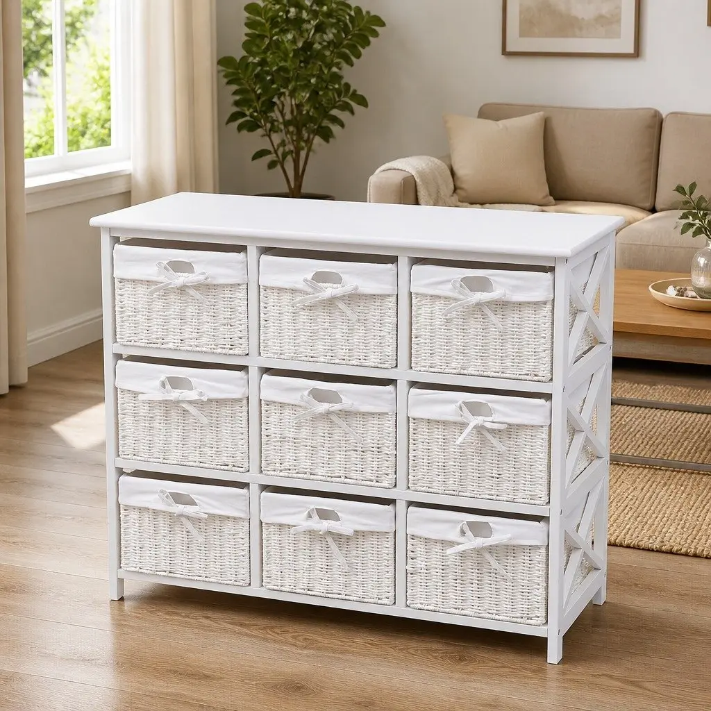 Storage Cabinet White 9 Piece Woven Baskets Organizer Unit for Bedroom Living Room