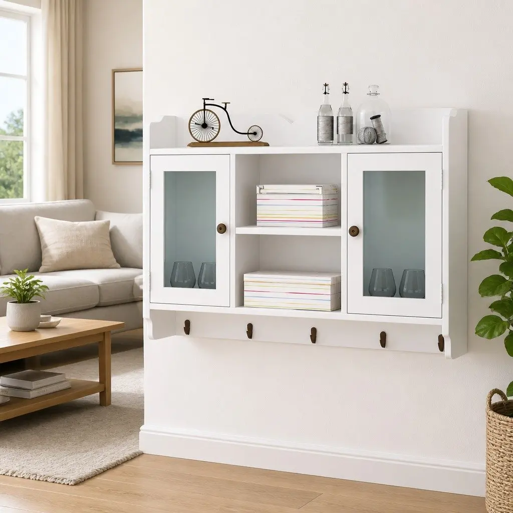 Wall Display Cabinet White MDF 2 Glass Panel Doors 4 Hooks
