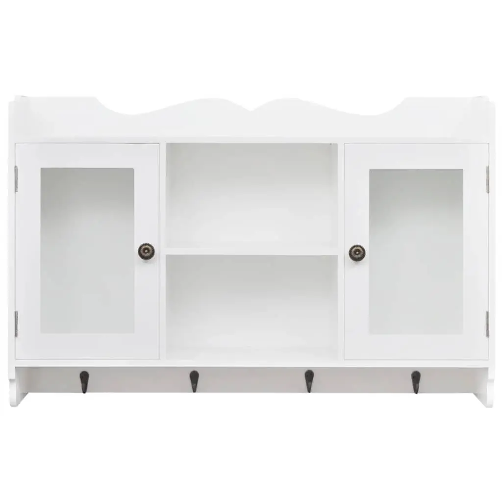 Wall Display Cabinet White MDF 2 Glass Panel Doors 4 Hooks