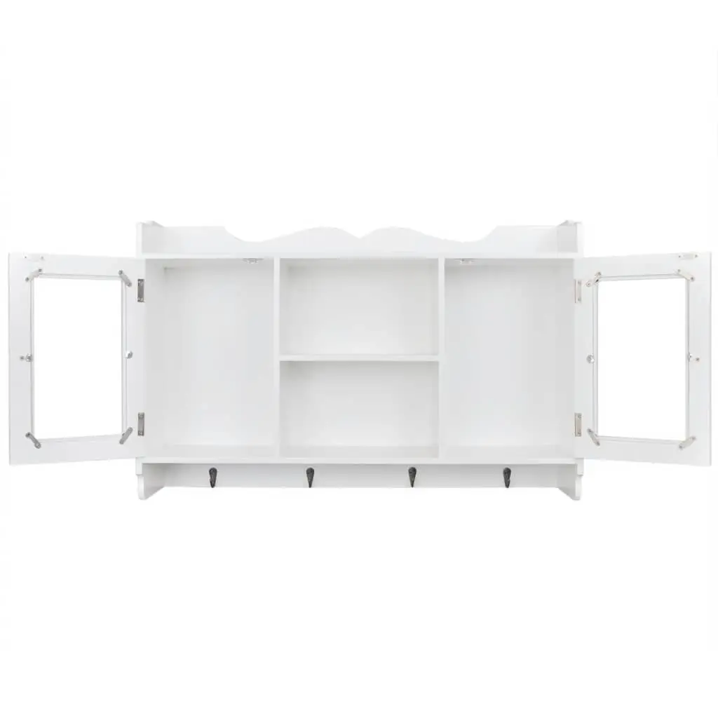 Wall Display Cabinet White MDF 2 Glass Panel Doors 4 Hooks