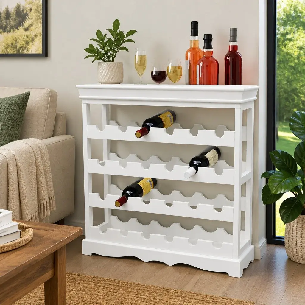 Wine Cabinet White 24 Bottle Storage Rack Organiser with Four Shelves and Top Tray for Glassware