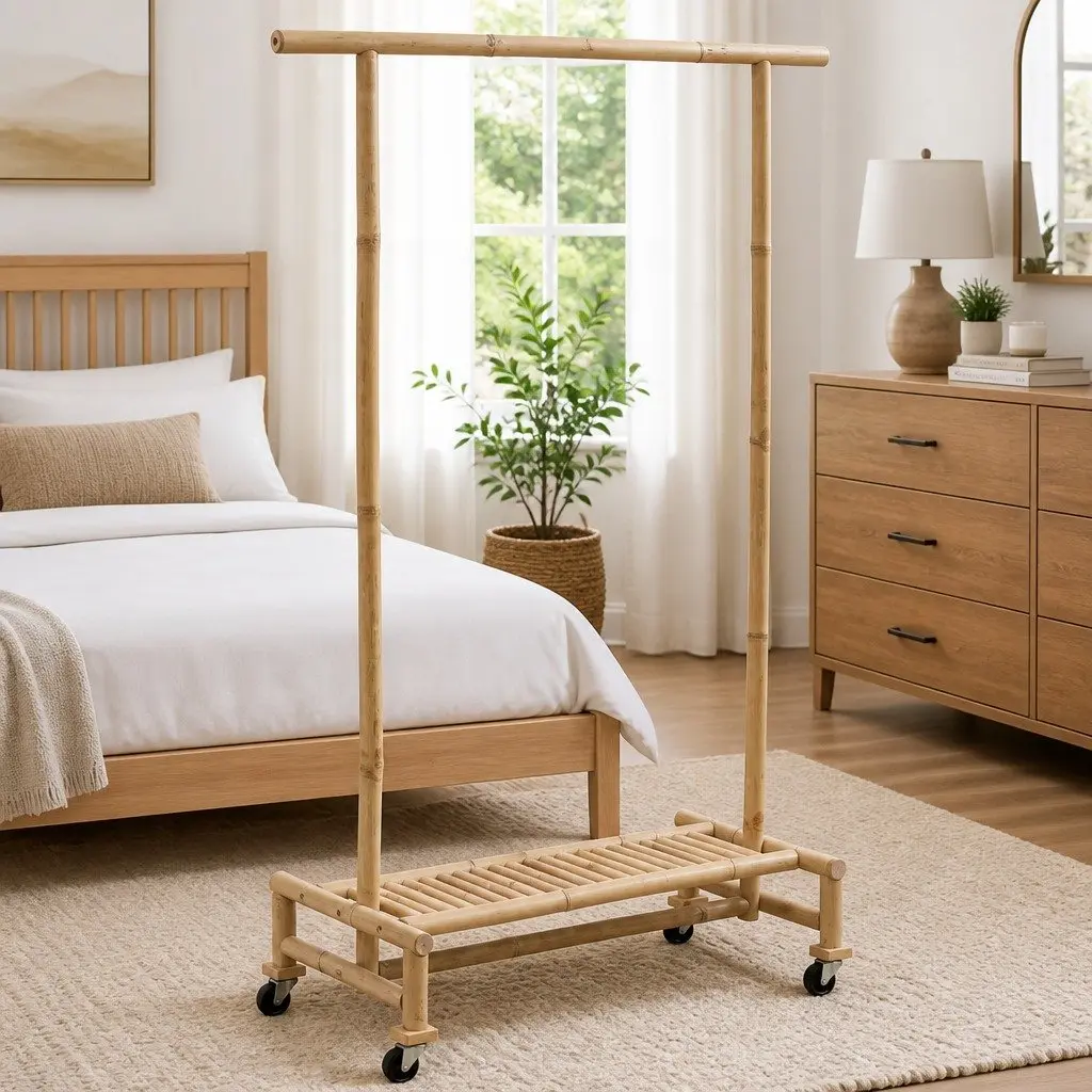 Bamboo Clothes Rack Brown with Shelf and 4 Castors