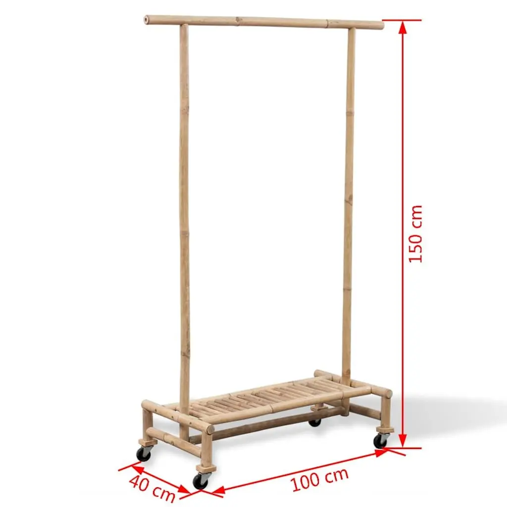 Bamboo Clothes Rack Brown with Shelf and 4 Castors