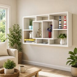 Wall Display Shelf 8 Compartments Open Storage Floating White Shelving Unit