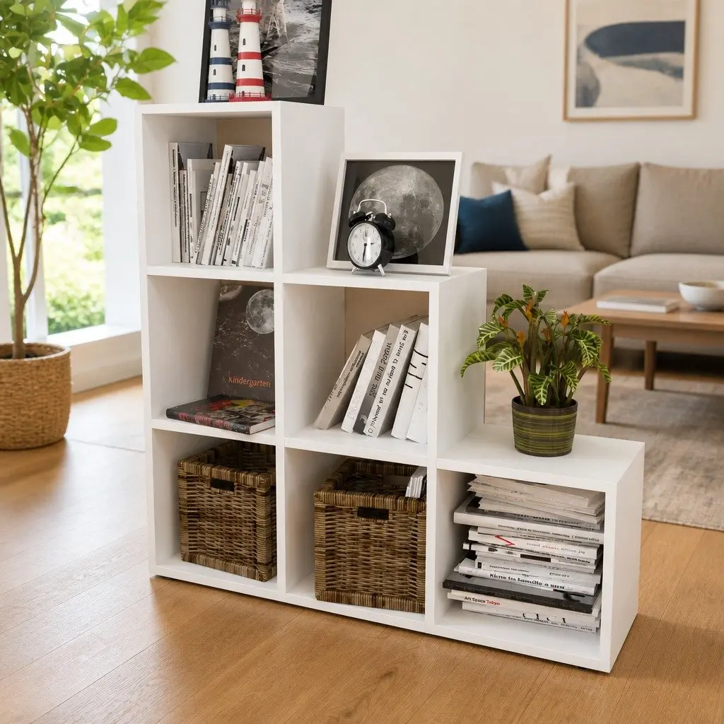 Staircase Bookcase White 107cm 6 Compartments Open Display Standing Shelf Unit