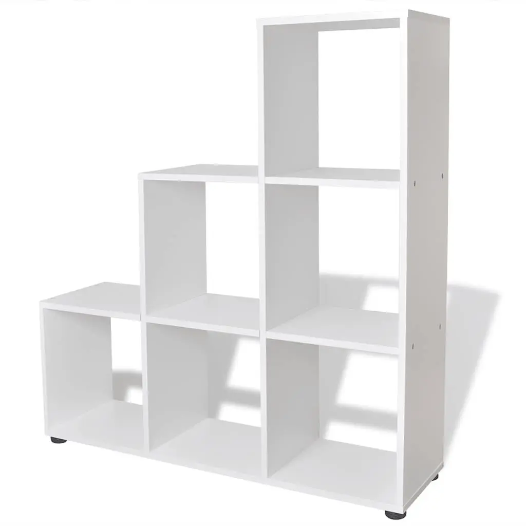 Staircase Bookcase White 107cm 6 Compartments Open Display Standing Shelf Unit