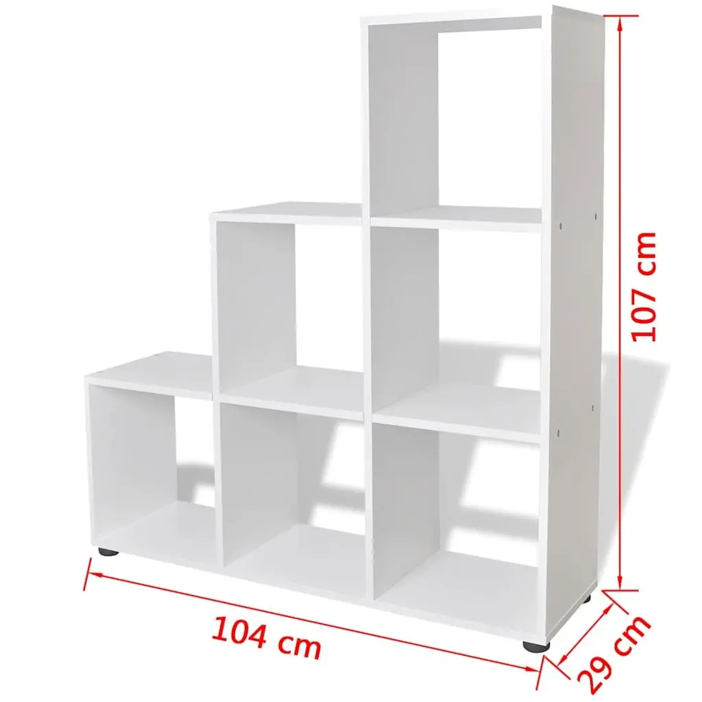 Staircase Bookcase White 107cm 6 Compartments Open Display Standing Shelf Unit