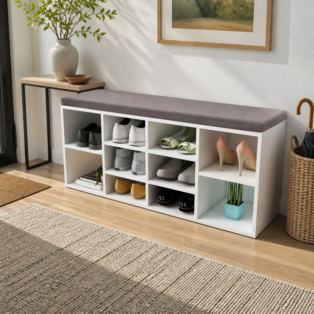 Shoe Storage Bench White 10 Compartments Padded Top Entryway Organizer
