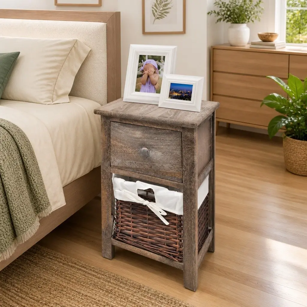 Bedside Cabinet Brown Wood 2 Piece Drawer Storage Nightstand End Table
