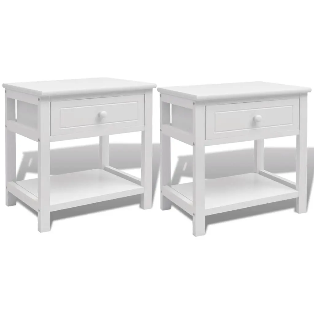 Wooden Bedside Cabinet White 2 Piece Nightstand with Drawer and Shelf for Bedroom Storage