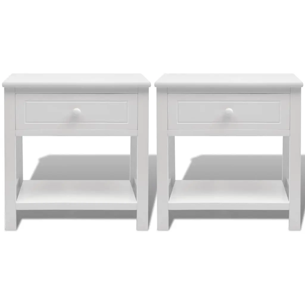Wooden Bedside Cabinet White 2 Piece Nightstand with Drawer and Shelf for Bedroom Storage