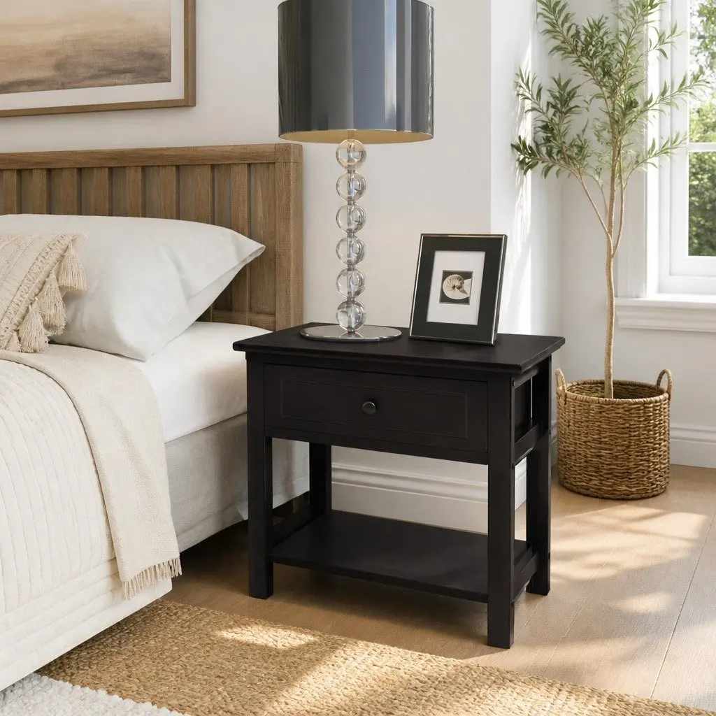 Bedside Table Black Wood Compact Drawer Storage Nightstand